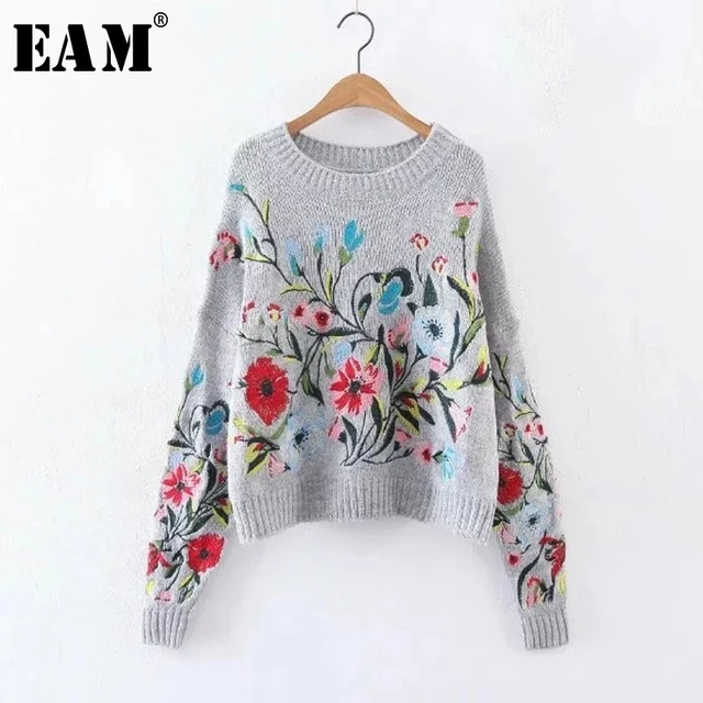 US $19.50 [EAM] 2020 Spring Autumn Round Neck Long Sleeve Flower Embroidered Knitting Warm Loose Sweater Poll