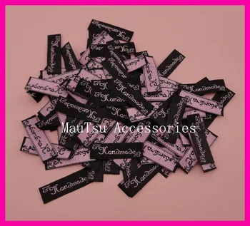 

300PCS 1.1cm*4.0cm Black Satin Ribbon labels with embroidered Pink color "handmade" Marked DIY items
