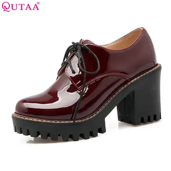 

QUTAA 2020 Black Square High Heel Woman PU Patent leather Ankle Boots Women Shoes Lace Up Ladies Motorcycle Boots Size 34-43