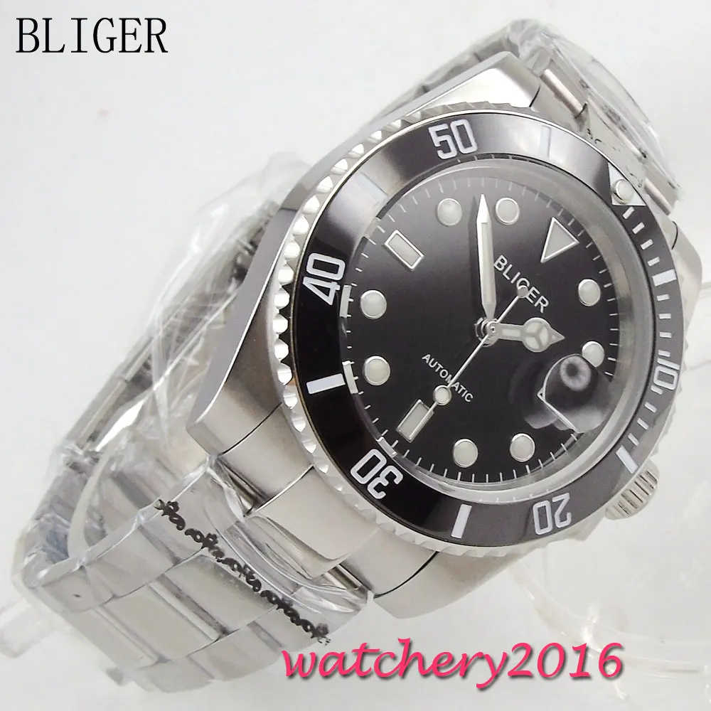 

40mm Bliger black Dial Complete Calendar SS band Luminous Hand Auto Watch Sapphire Crystal Automatic Mechanical Mens Watch