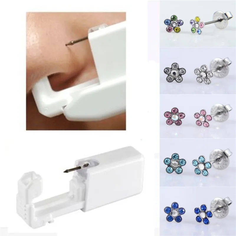 

Daisies Flower Sterlised Disposable Safety Nose Ear Piercing Device tool+Sterile Bezel Crystal Stud Body Jewelry Dropshipping