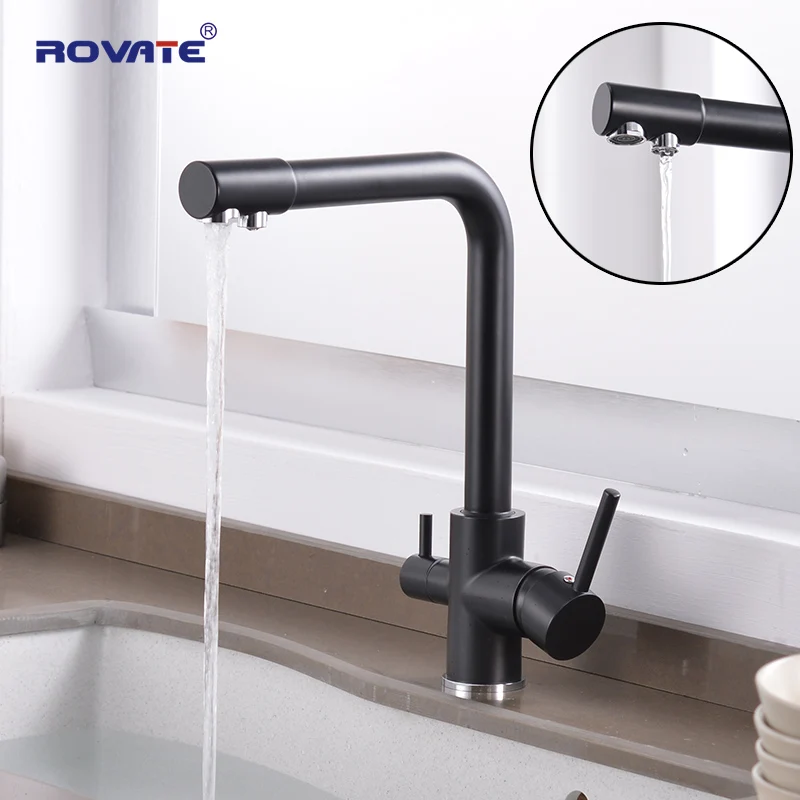 ROVATE Water Filter Kitchen Faucet Brass Black Modern Kitchen Drinking Water Faucet Sink 3 in 1 Wat - 33061722488