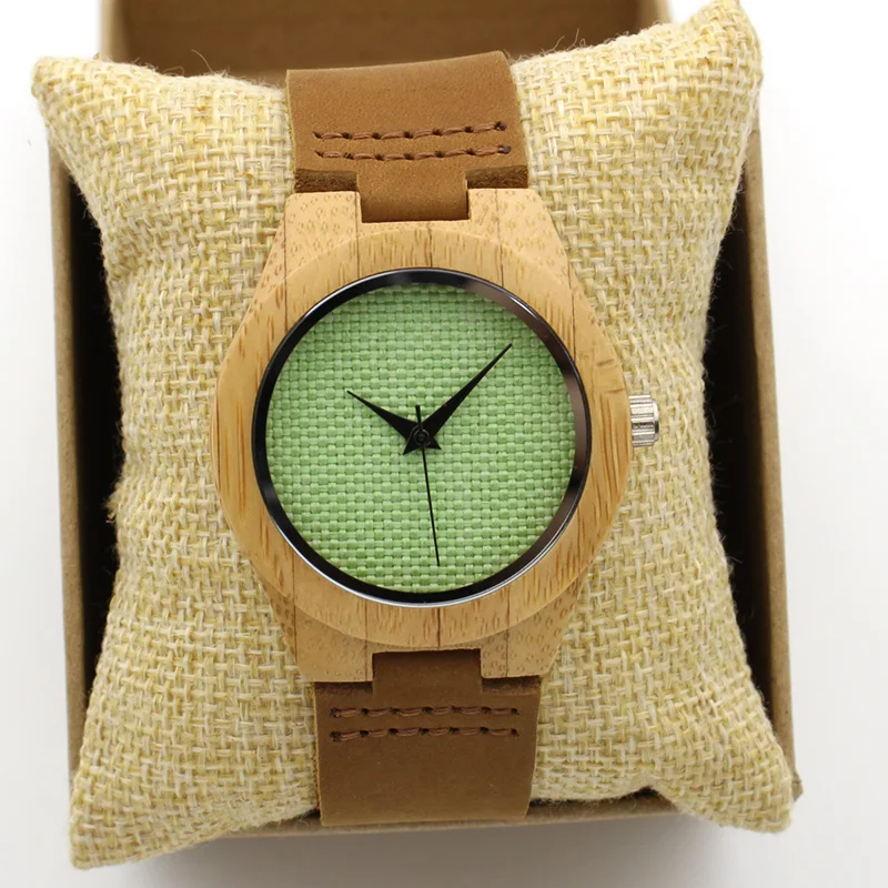 Япония Кварцевые Для женщин зеленый ткань деревянные часы Роскошные модные простые Винтаж натуральная кожа Группа Bamboo Наручные часы