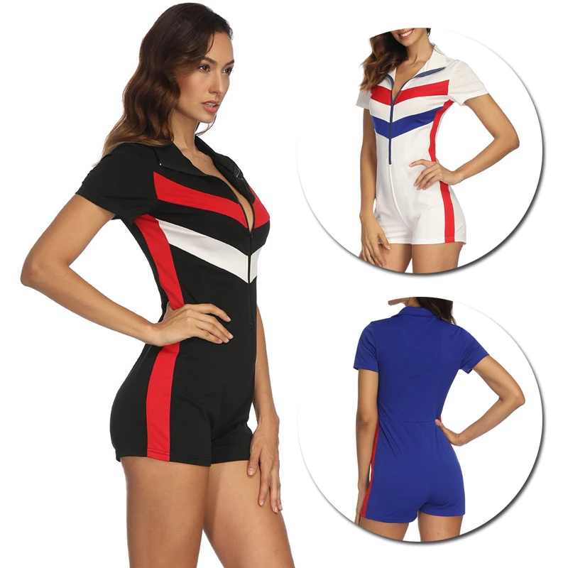 

Summer Students Style Bodycon Rompers Womens Slim Fit Jumpsuit Chest Zipper Contrast Color Short Sleeve V-neck Shorts Bodysuit