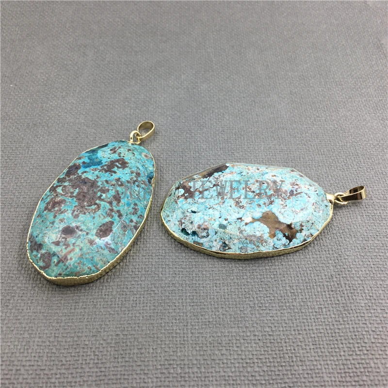 MY1161 Oval Faceted Ocean Jaspers  Slice With Gold  Electroplated Edges and Bail Pendant (2)