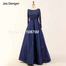 Длинное ручной работы тяжелое бисерное вечернее платье с длинными рукавами с вырезом лодочкой шикарные Бальные платья для выпускного vestido темно-синего цвета robe de soiree
