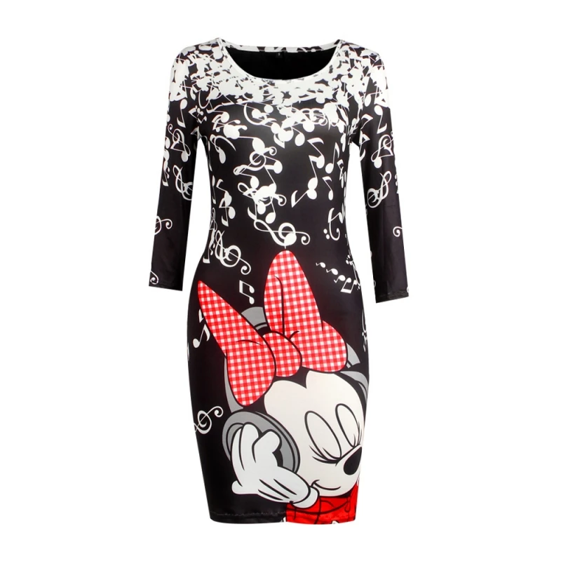 Sexy Bag Hip Women's Black Mini Dress Summer Five-point Sleeves Round Neck Slim Mickey print Temperament Elegant Women's Dress