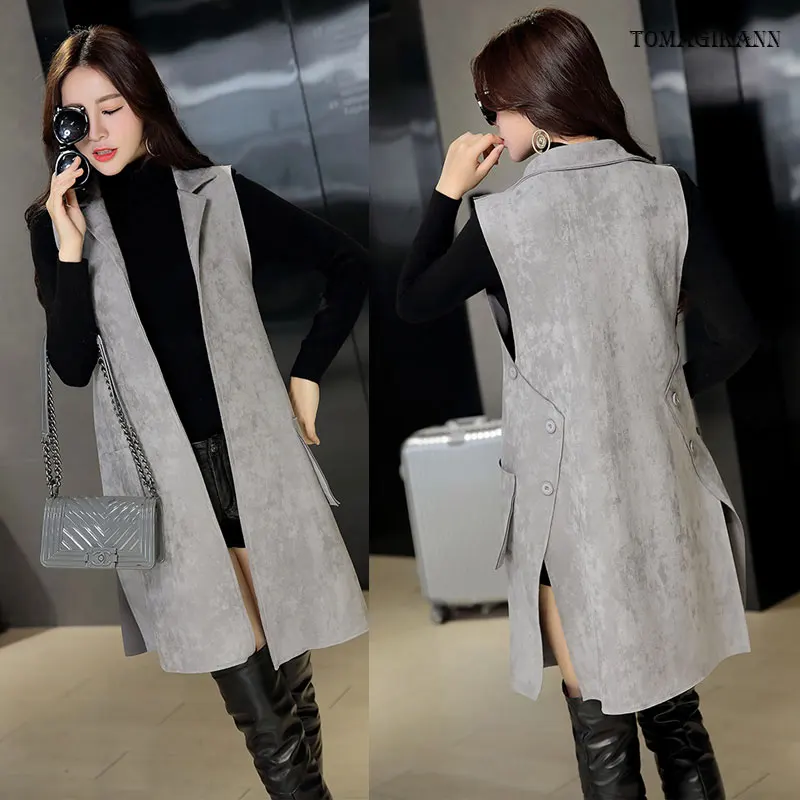 Side Buttons Split Soft Suede Fabric Long Women Vest Coat Pockets Plus Size Colete Solid Faux Weste Open Stitch Colete feminina