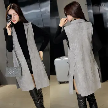 

Women Vest Waistcoat Side Split Button Long Suede Fabric Vest Pocket Plus Size Open Stitch Cardigan Outwear