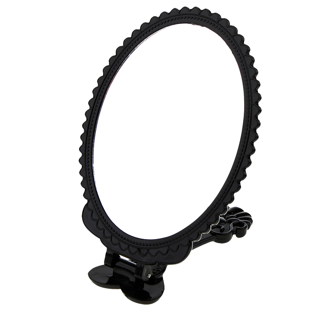 Antique Rose Flower Pattern Handheld Mirror with Folding Handle Countertop Stand 180 Degrees Full Folding Premium Black Plastic