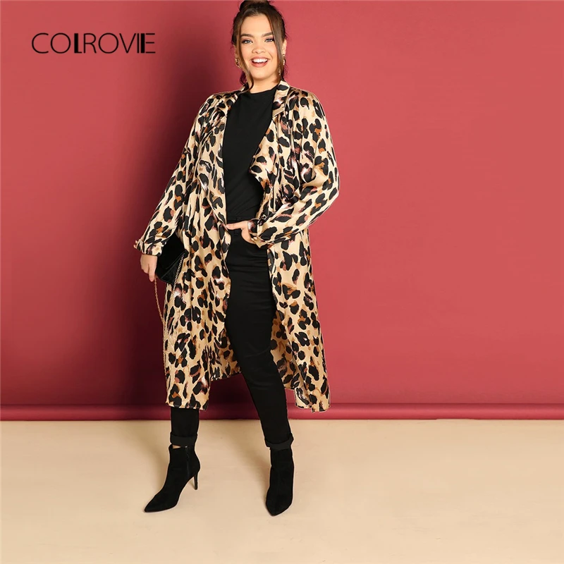

COLROVIE Plus Size Waterfall Leopard Print Long Trench Coat Women 2018 Winter Cardigan Streetwear Office Ladies Outerwear Coats
