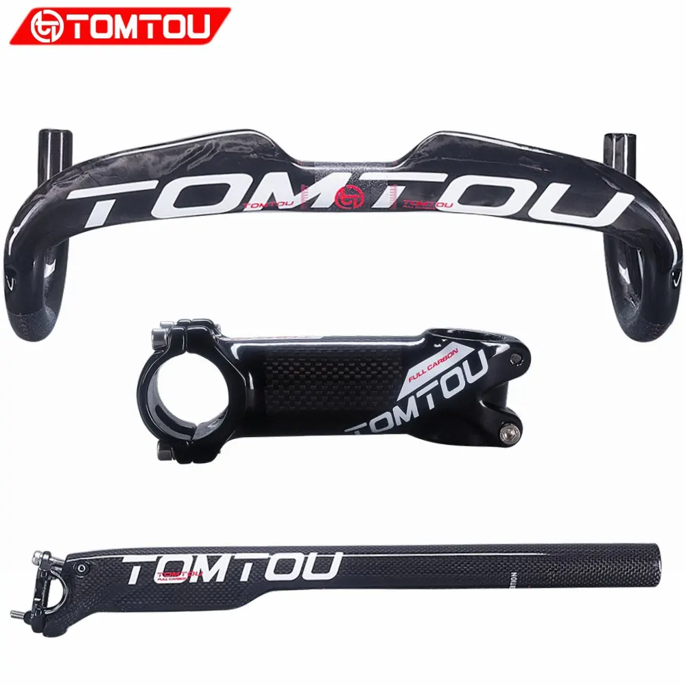 

TOMTOU Road Bike Handlebar Sets Carbon Fibre Handlebars + Breaking Wind Seatpost Stem Bicycle Parts Glossy White - TS5T02