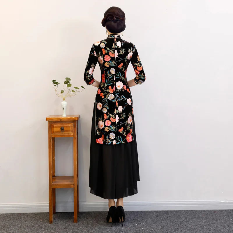 Женское длинное велюровое платье Qipao Dai облегающее на пуговицах в китайском стиле