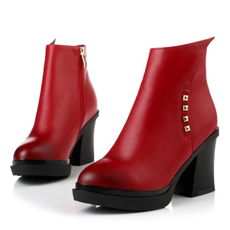 

European Style Metal Rivets Round Toe Side Zippers Ankle Boots Black Cowhide Fashion Thick High Heels Women Booties Shoes