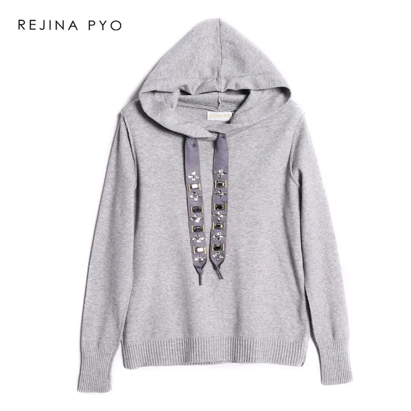 

REJINAPYO Women European Style Casual Stretching Loose Hooded Sweatshirt Rhinestone Patchwrok Lace-up Hoodies New Arrival