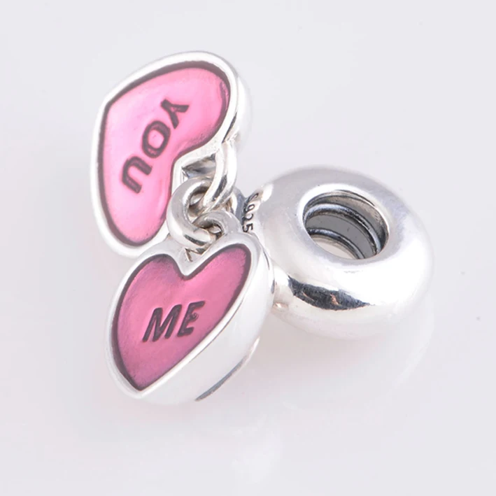 Solid 925 Sterling Silver Dangling Pink Crystal Heart Charm Bead