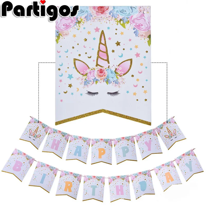 1pcs glittering unicorn happy birthday banner cartoon