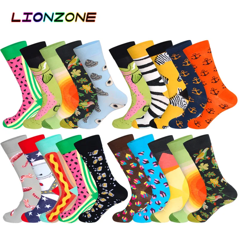 

LIONZONE 5Pairs/Lot Combed Cotton Men Socks Plus Size Coolmax Colorful Pattern Business Funny Happy Dress Wedding Male Sox