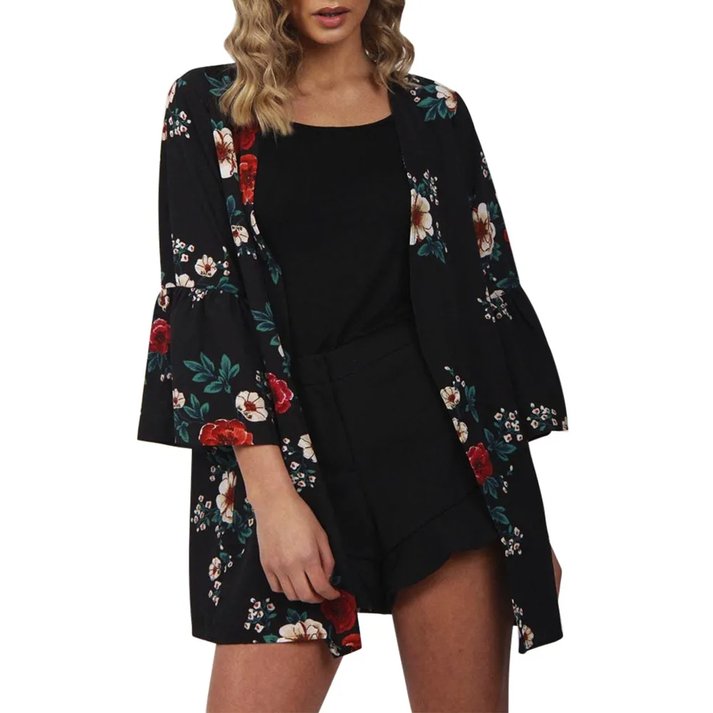 

ISHOWTIENDA Summer Blouses for Ladies pen Front Casual Flower Print Light Chiffon 3/4 Sleeve Tops Women Shirts Blusas Femininas