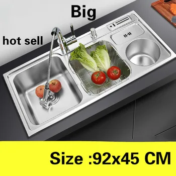 Cheap Free Shipping Apartment Kitchen Double Groove Sink Wash Vegetables Standard Durable 304 Stainless Steel Big Hot Sell 92x45 CM