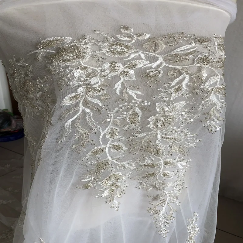 SASKIA 1 ярд высокое качество ручной работы бисером свадебная ткань 4" Ширина цвета слоновой кости свадебное платье кружевная ткань сетка вышивка блесток ткани