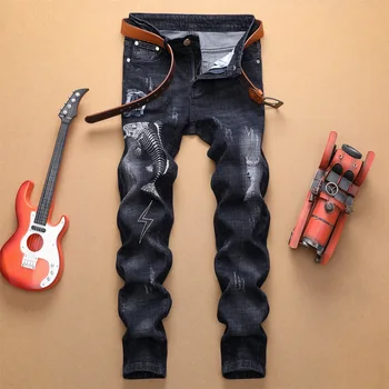 

Autumn Winter Men Ripped Denim Jeans Embroidery Pleated Bleach Casual Mid Waist Full-length Straight Cowboy Skinny Pants Male