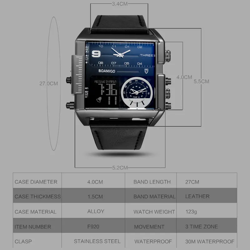 نتيجة بحث الصور عن ‪BOAMIGO Brand Men Sports Watches 3 Big Time Zone Man Fashion Military LED Leather Watch Quartz Wrist Watches relogio masculino‬‏