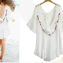 Сексуальная Цветочная кружевная вязанная крючком Асимметричная футболка с бретельками без рукавов сарафан белая пляжная одежда с открытой спиной Горячая Новинка
