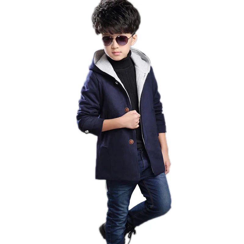 ФОТО Children Outerwear 2017 New Autumn Winter Big Boy Jacket Long Sleeve Solid Hooded Boys Coats And Jackets Thicken Warm Boy Trench