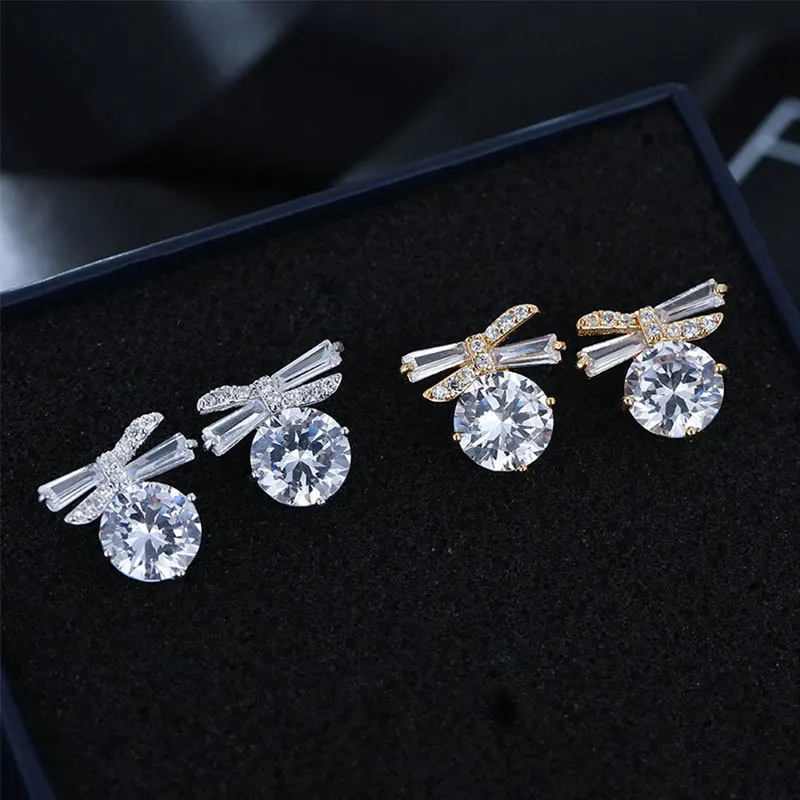 

Cute Fashion Female Crystal Bowknot Earrings Luxury 925 Silver Gold Stud Earrings For Women Vintage Boho Double Earrings