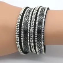 Новомодное очарование браслеты для женщин популярные напечатанные проложить Установка повязки горный хрусталь кожа змеиной Браслеты черный