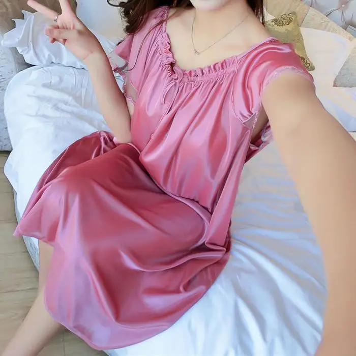 Ladies Nightgown Soft Crew Collar Short Sleeve Long Sleeping Dress NSV775