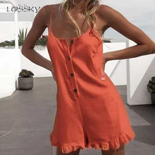 LOSSKY, короткие комбинезоны, женский комбинезон с открытой спиной, на тонких бретельках, с пуговицами, с рюшами, одноцветные, комбинезоны, элегантные, повседневные, летние, черные, комбинезон