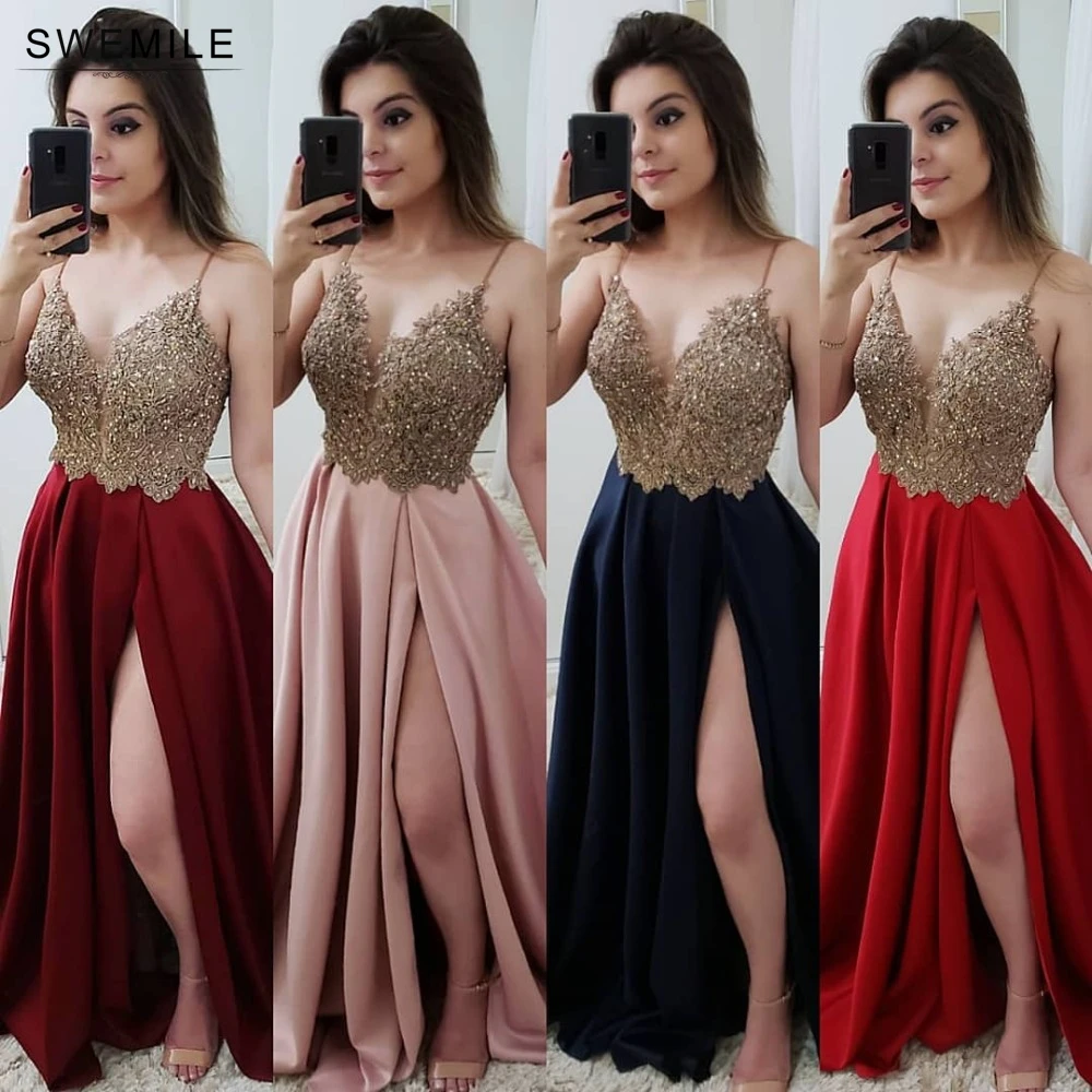 

Vestidos De Gala Sexy Deep V-Neck Side Slit Prom Dresses 2019 Long Elegant Beading Lace Appliques Prom Gowns Gala Jurken