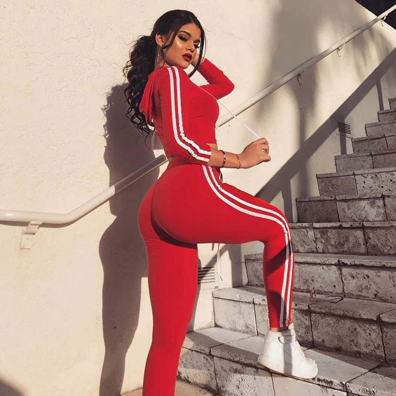 

2019 Autumn Hooded Drawstring Bandage Rompers Womens Jumpsuit High Waist Pants Fashion Casual Sports Suit Fitness Two Piece Set