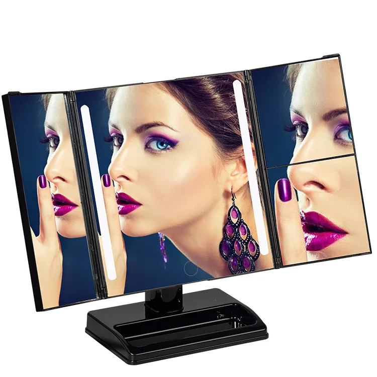 

LED makeup mirror Three-sided folding mirror 360 degree rotating multi-function storage LED light mirror Bathroom mirror