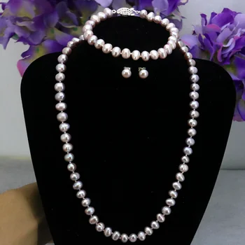 

Fish clasp purple pearl necklace sets 7-8mm necklace 18"bracelet 7.5" earring 2pc/lot women jewelry making design