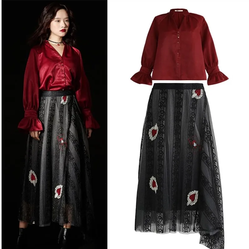 

2019 Runway New Woman Spring Red Wine Elegant Ruffles Blouses V Neck Shirts And Long Embroidery Party Skirt Suits Twinset NS418