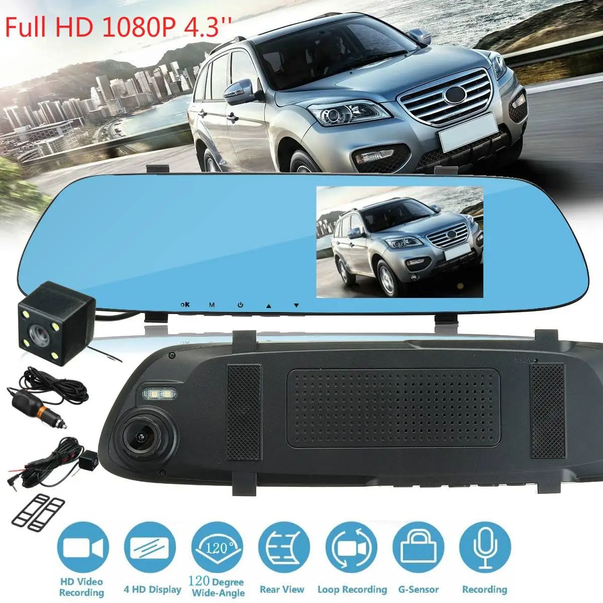 

HD 1080P 4.3'' Double Lens Touch Screen Rearview Mirror Car Camera DVR Rear View Mirror Dash Cam Video Recorder