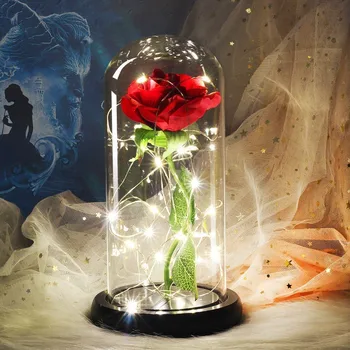 

Dropshipping Beauty and the Beast Red Rose in a Glass Dome with LED Light Wooden Base for Valentine's Mother's Day Gifts