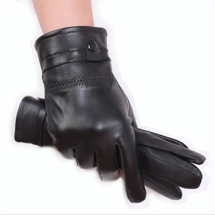 Мужская мода зима натуральная кожа овчина перчатки натуральный мех кожа Велоспорт толстые теплые вождения полный палец перчатки варежки G193 - Цвет: Black