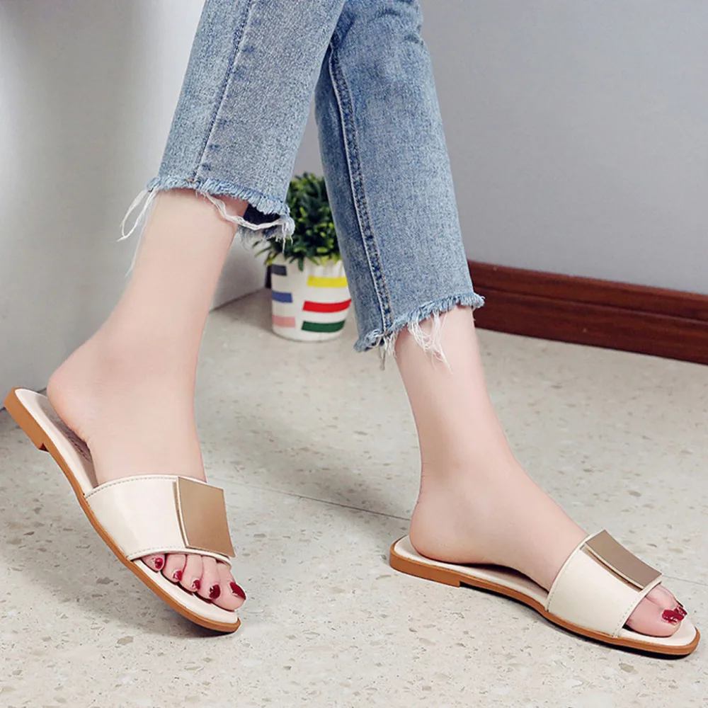 

Women Slippers Fashion PU Leather Solid Color Slippers Comfortable Flat Shoes Casual Flat Sandals 2019 Summer Beach Sandals #15