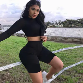 

Two Piece Sexy Bodycon Rompers Womens Jumpsuit Autumn Winter Long Sleeve Crop Top Women Casual Stretchy Playsuit