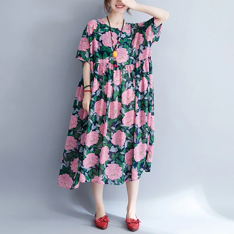 

Johnature New Summer Loose O-neck Short Sleeve Floral Print Bohemia Casual Vintage Chiffon Women Dresses 2 Colors Dress 2019
