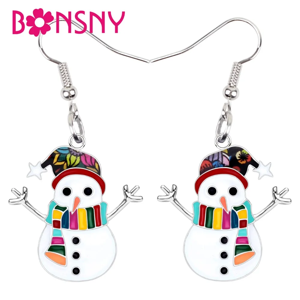 

Bonsny Statement Enamel Alloy Christmas Scarf Snowman Earrings Drop Dangle New Year Party Gift Jewelry For Women Girls Accessory