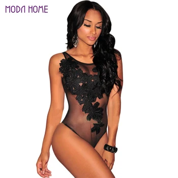 2017 Hot Bodysuit Women Jumpsuit Sexy Rompers Floral Embroidered Sheer Mesh Overalls for Women Bodysuit Sexy Playsuit Plus Size