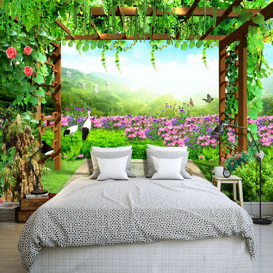 Custom Mural Wallpaper Grape Trellis Butterfly Flowers Pastoral Scenery