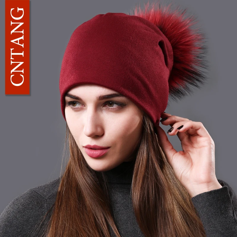 CNTANG Female Natural Raccoon Fur Pompom Hats Beanies Autumn Winter Warm Solid Caps For Women Fashion Cotton Skullies Thin Hat 5