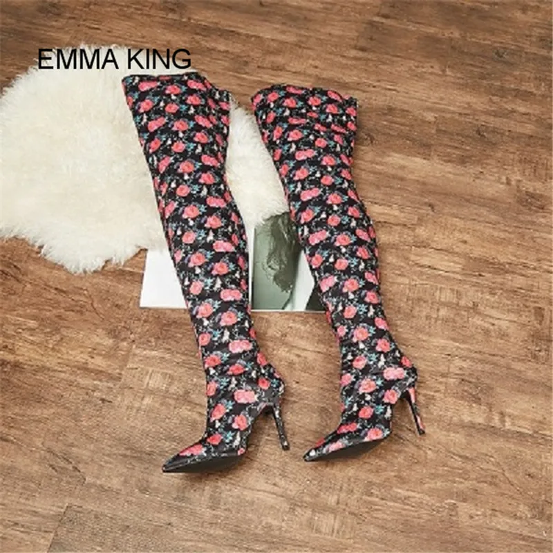 

EMMA KING New Styles Flower Print Fashion Women Over The Knee Boots Thin High Heel Pointed Toe Ladies Shoes Soft Insole Footwear