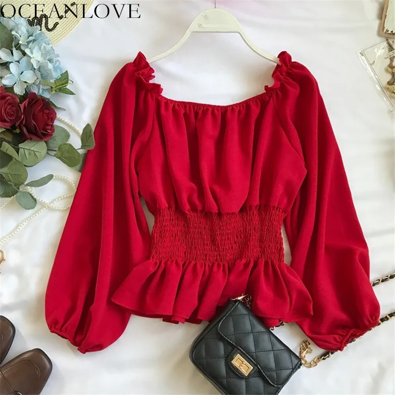 

OCEANLOVE Solid Off Shoulder Slash Neck Chiffon Blouse Korean Fashion Ruffles Pleated Women Tops 2019 Spring Short Shirt 11340